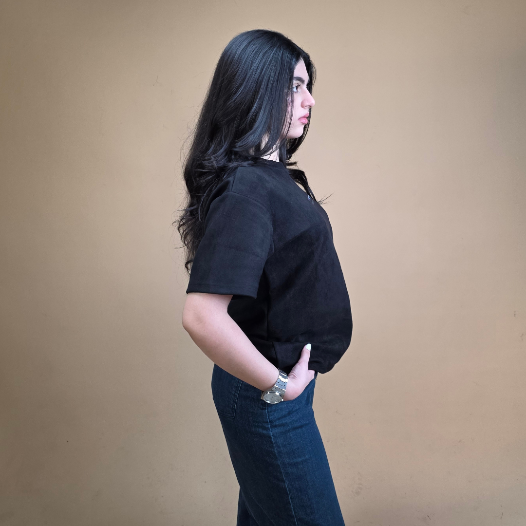 Suede Black Boxy Fit T-Shirt
