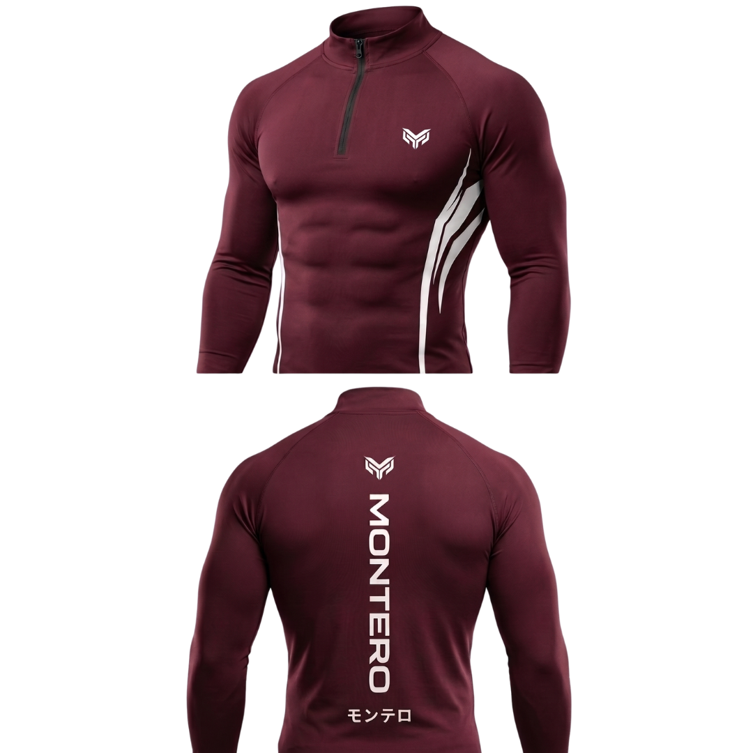 Montero Men's Quarter-Zip Compression Shirt – Maroon | Long Sleeve Activewear