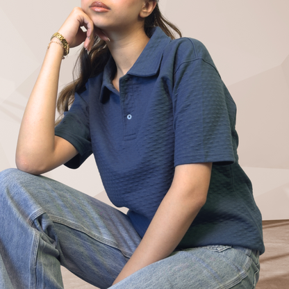 WOMEN'S BLUE KNITTED POLO