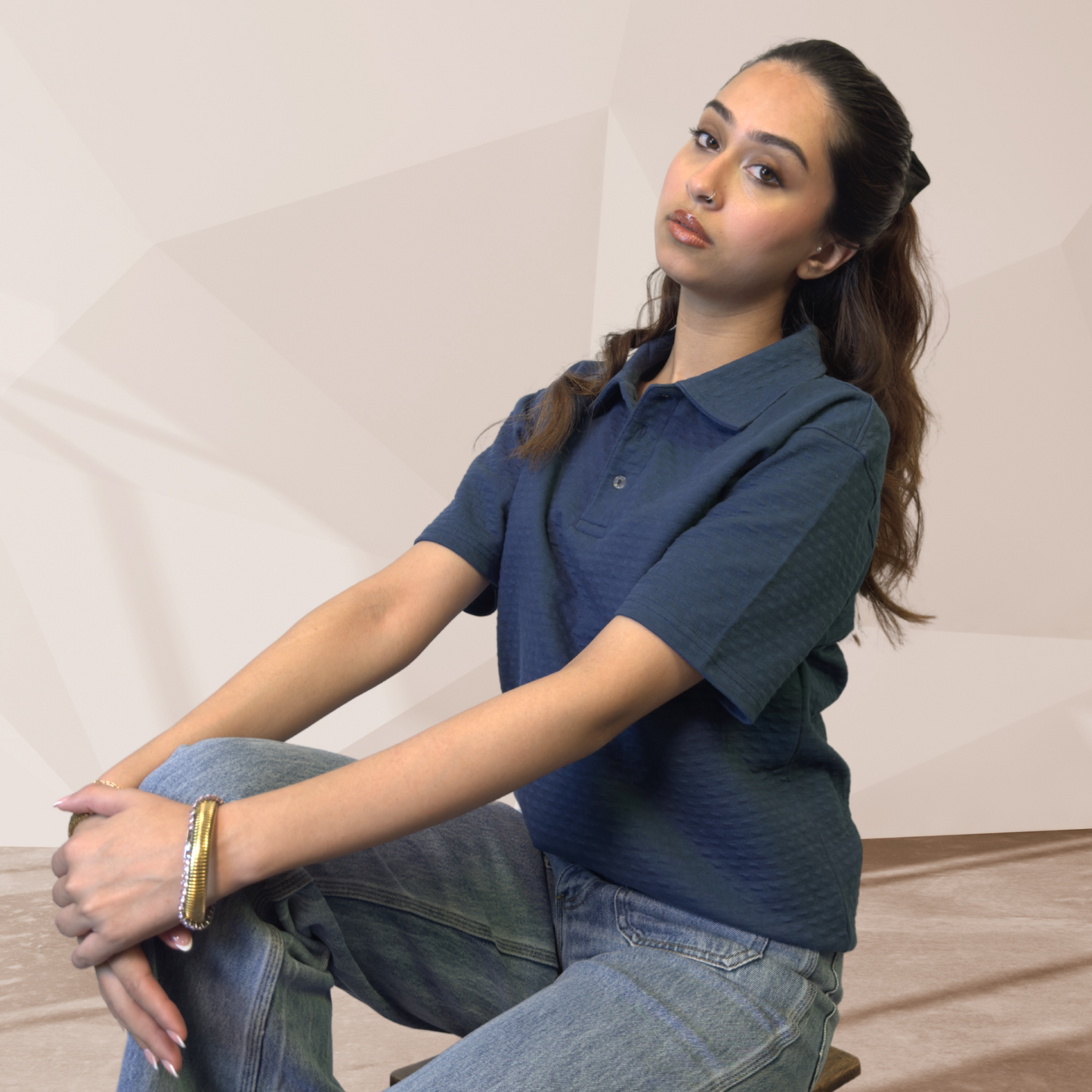 WOMEN'S BLUE KNITTED POLO