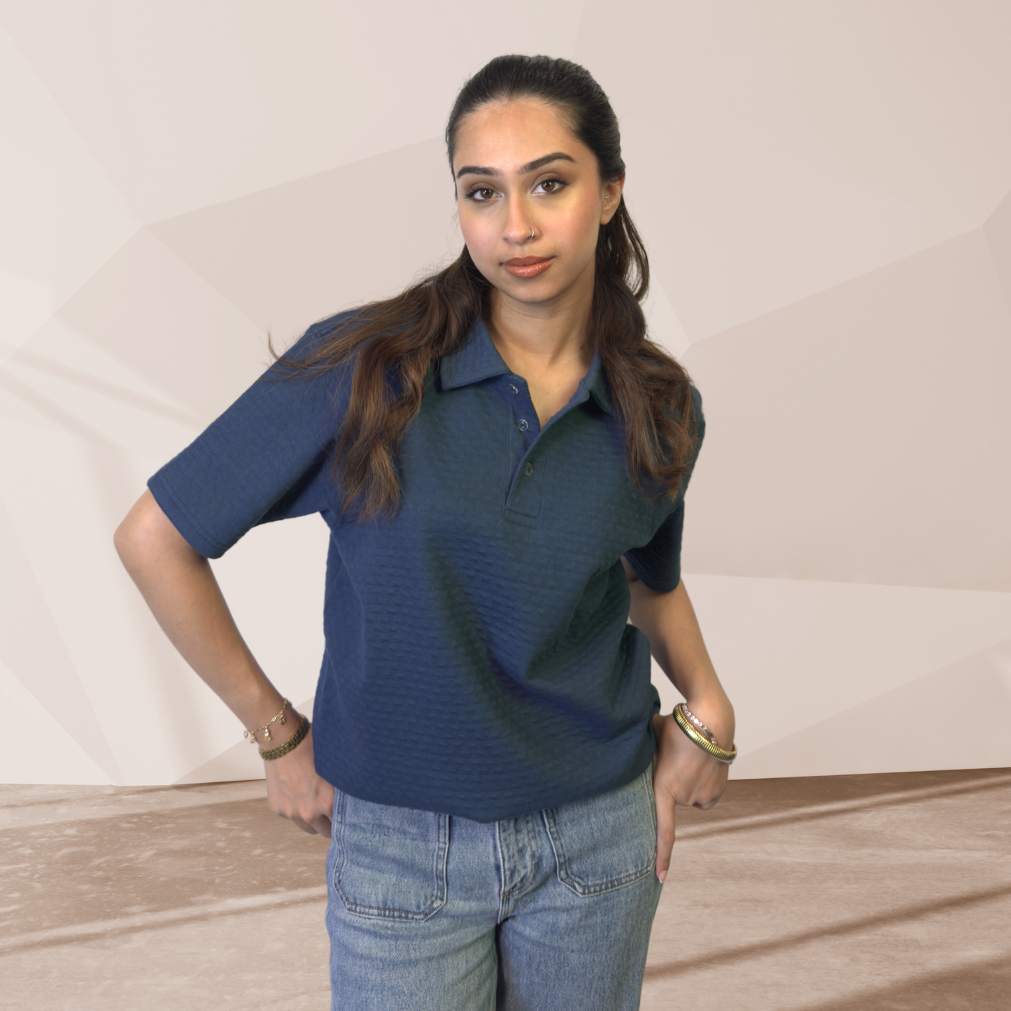 WOMEN'S BLUE KNITTED POLO