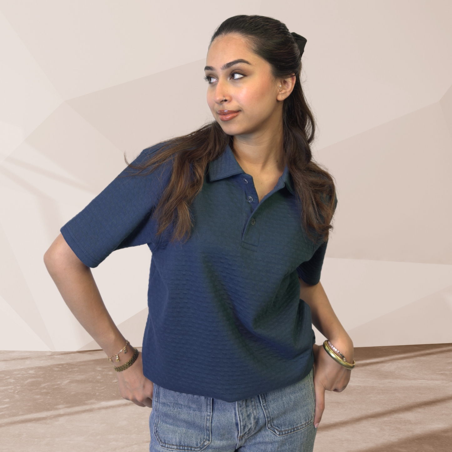WOMEN'S BLUE KNITTED POLO