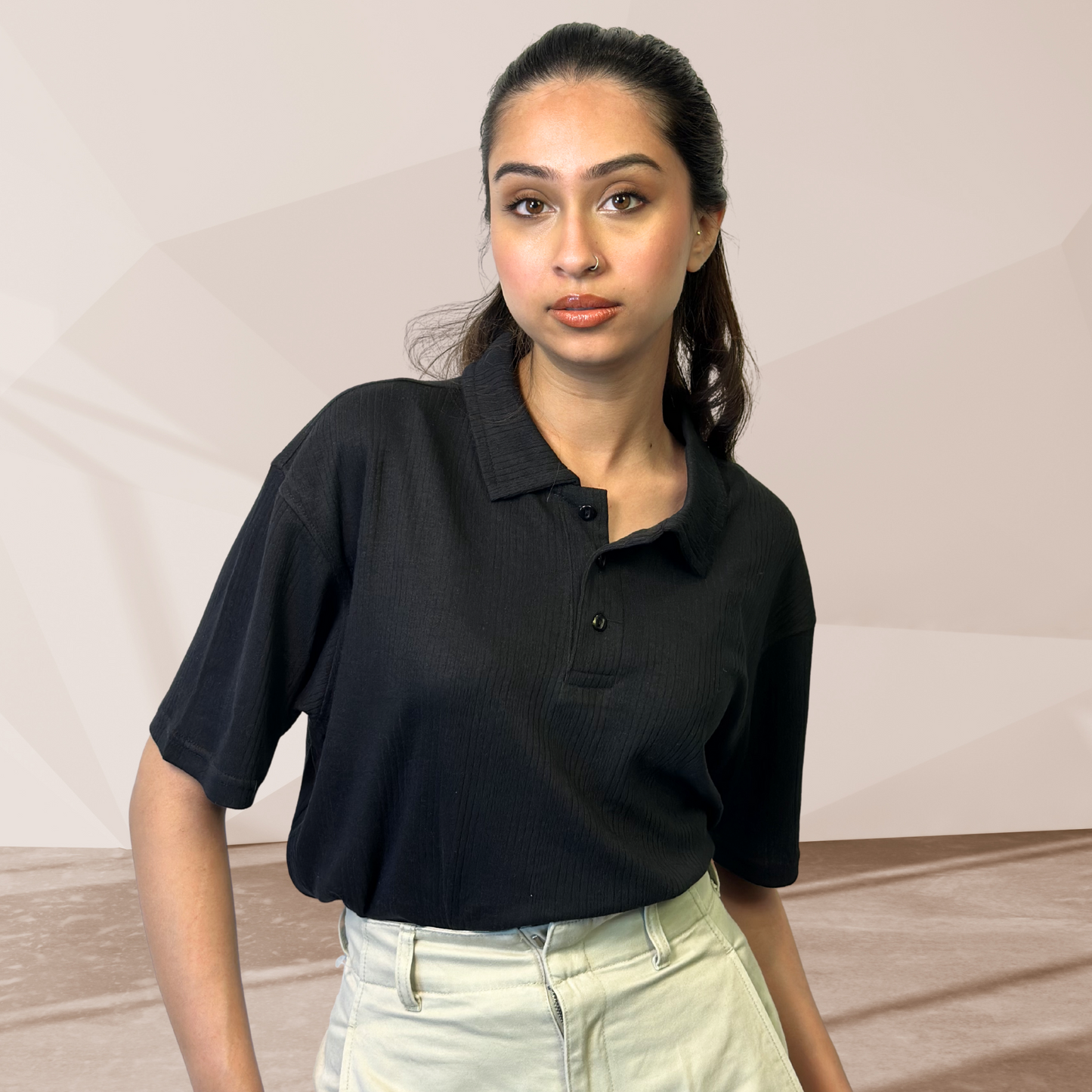 WOMEN'S BLACK KNITTED POLO