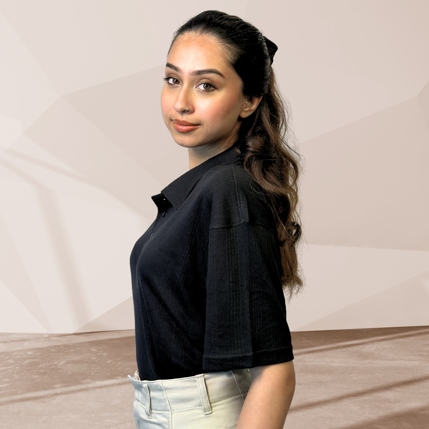 WOMEN'S BLACK KNITTED POLO