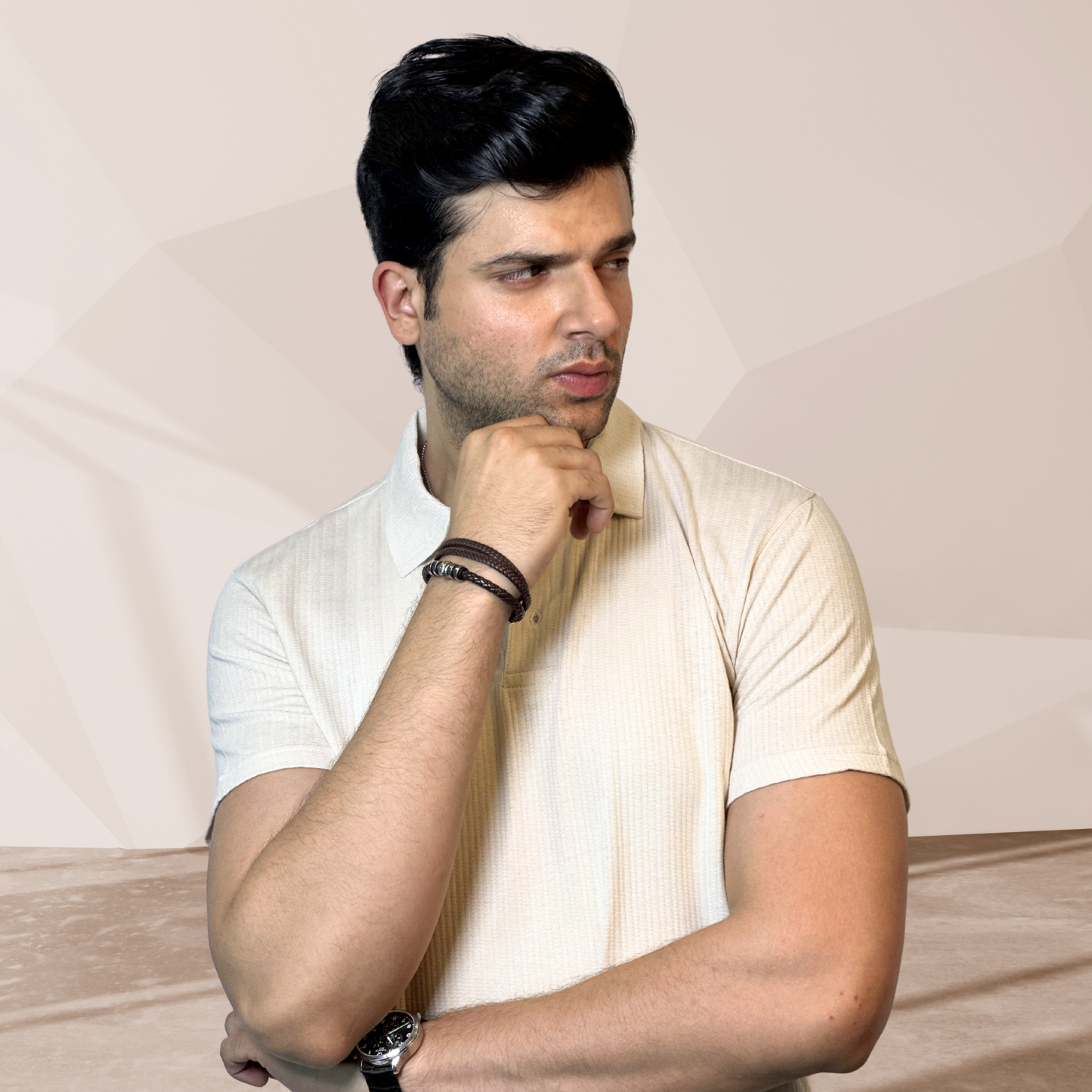 MEN'S BEIGE KNITTED POLO