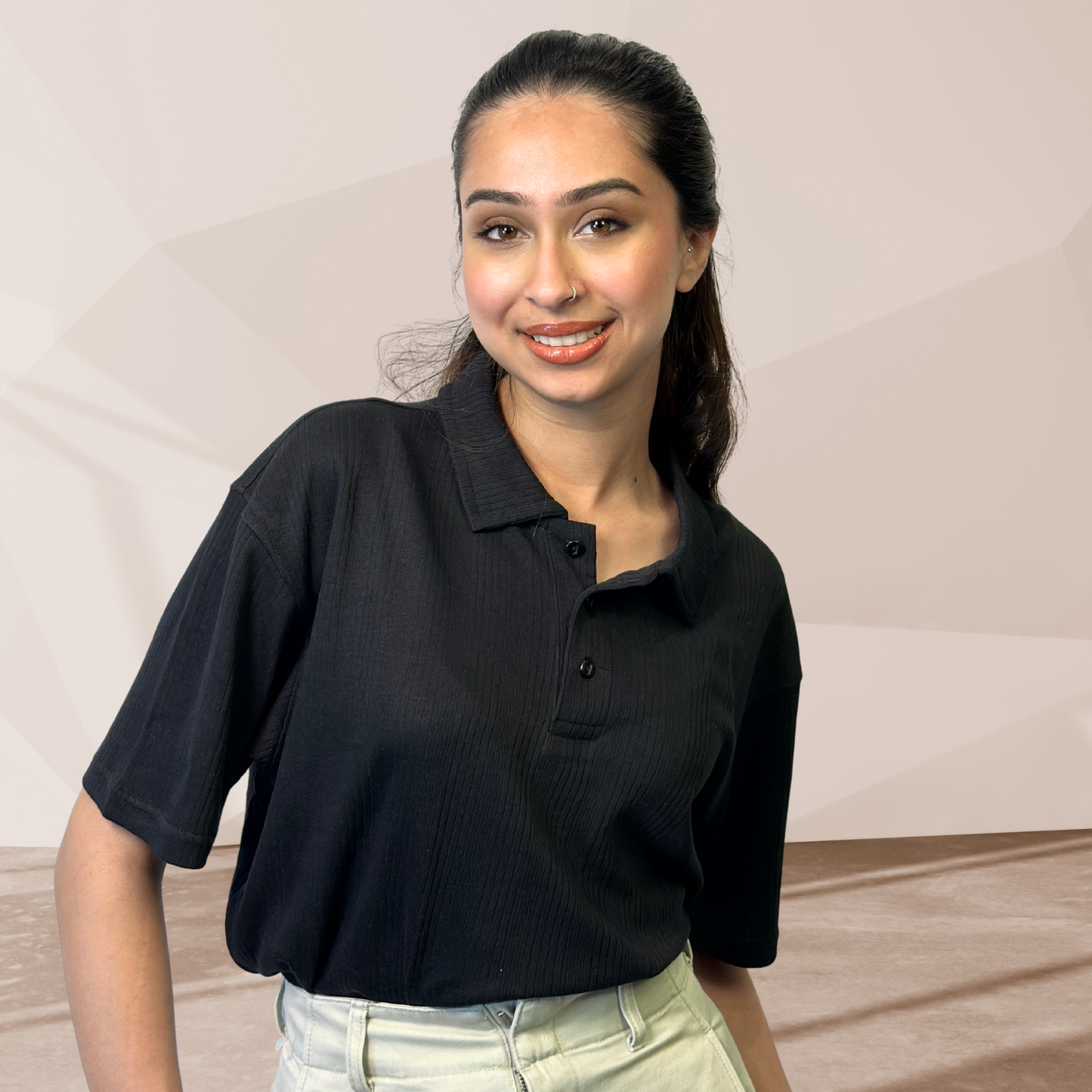 WOMEN'S BLACK KNITTED POLO