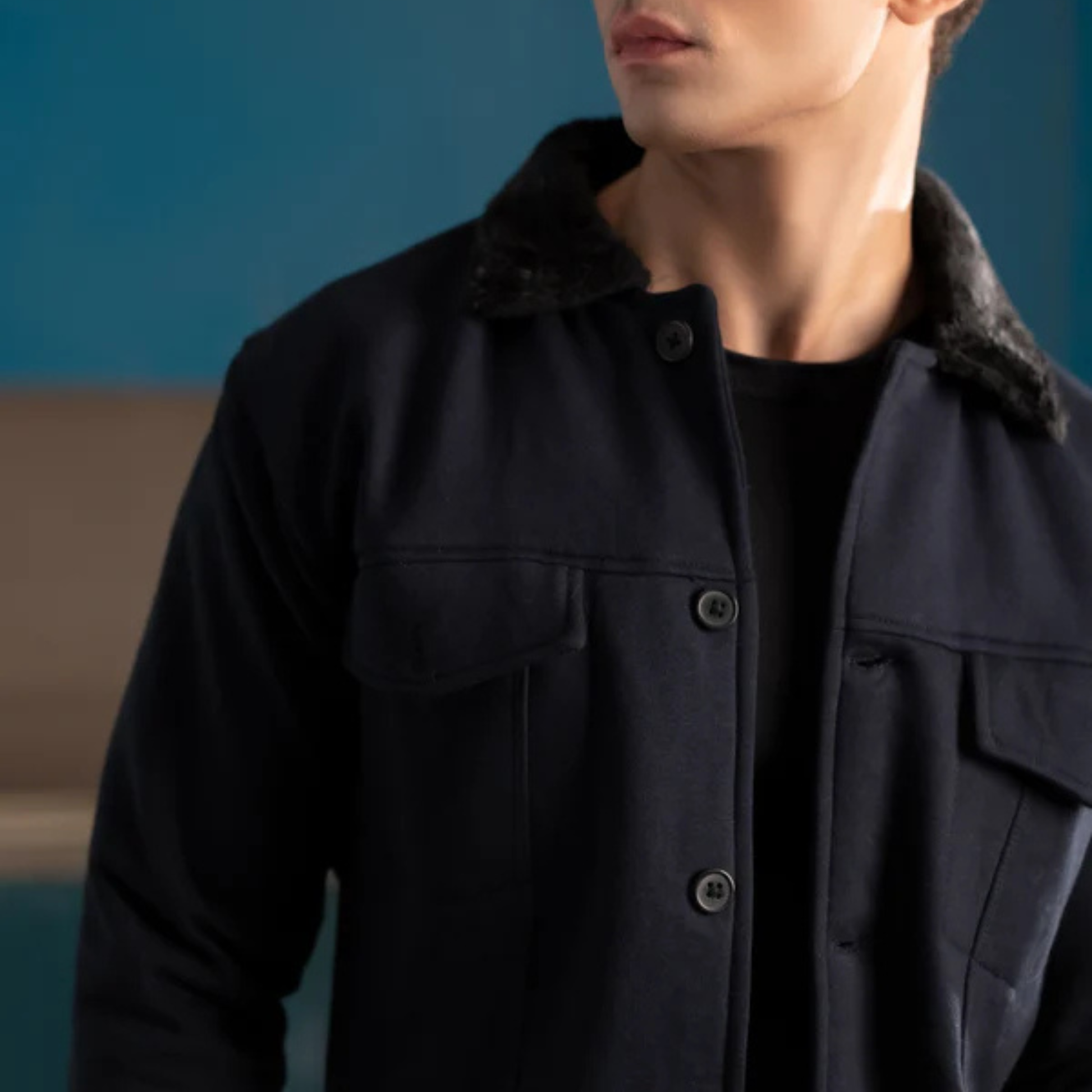 Classic Aviator Bomber Jacket with Faux Fur Collar - Navy Blue - THE MONTERO