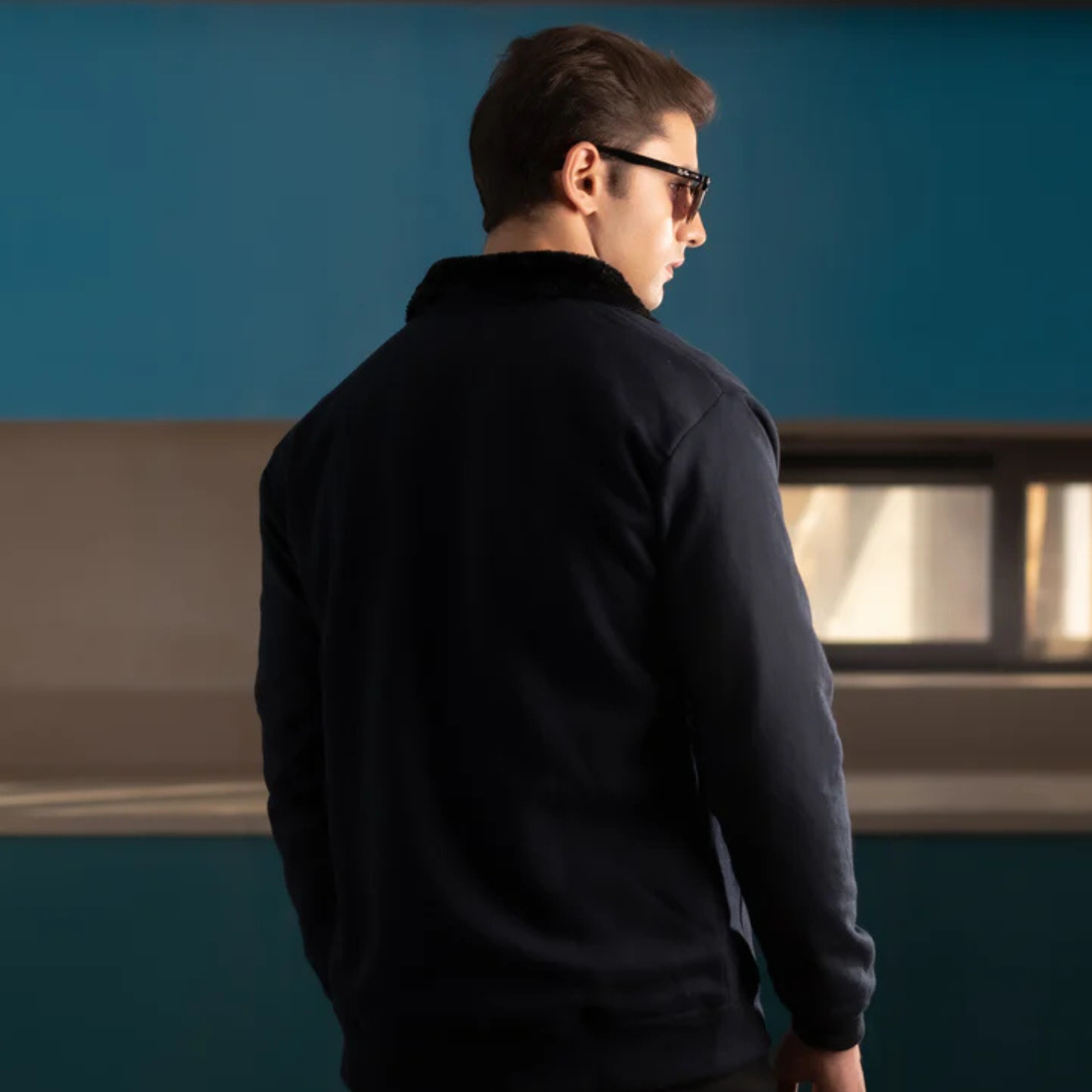 Classic Aviator Bomber Jacket with Faux Fur Collar - Navy Blue - THE MONTERO
