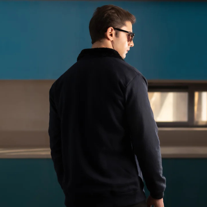 Classic Aviator Bomber Jacket with Faux Fur Collar - Navy Blue - THE MONTERO