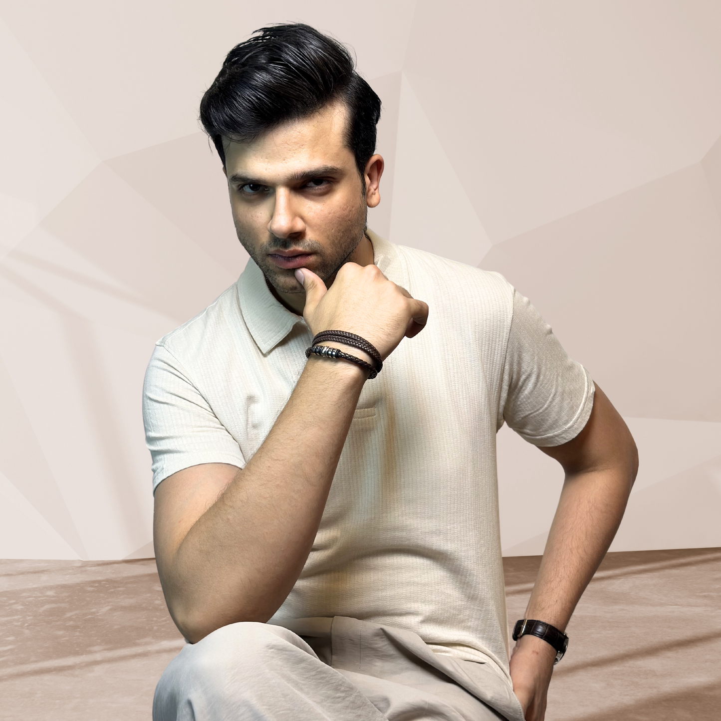 MEN'S BEIGE KNITTED POLO