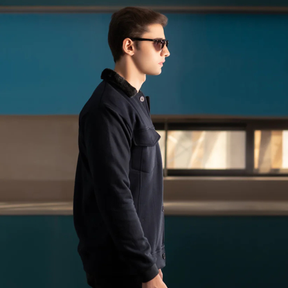 Classic Aviator Bomber Jacket with Faux Fur Collar - Navy Blue - THE MONTERO