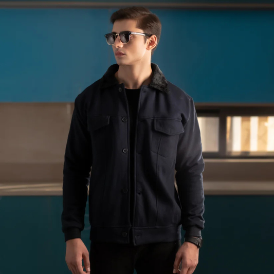 Classic Aviator Bomber Jacket with Faux Fur Collar - Navy Blue - THE MONTERO