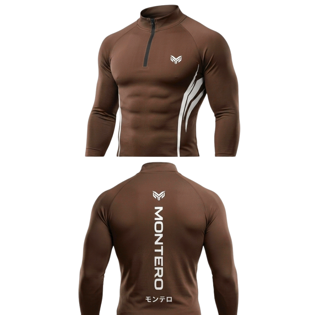 Montero Men's Quarter-Zip Compression Shirt – Brown | Long Sleeve Activewear