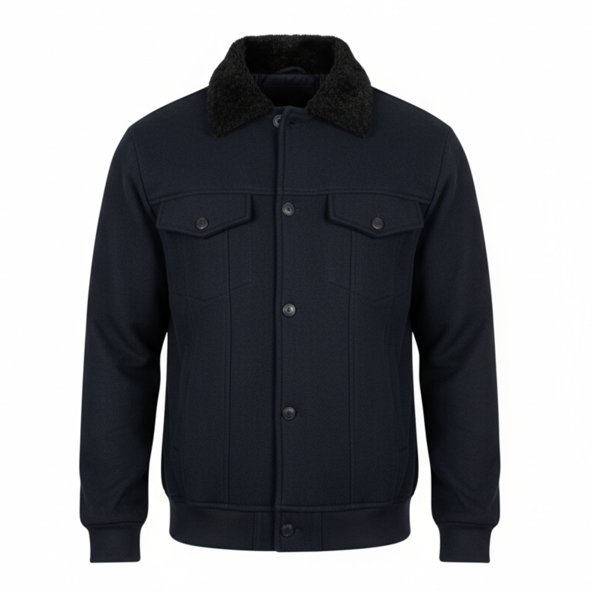 Classic Aviator Bomber Jacket with Faux Fur Collar - Navy Blue - THE MONTERO