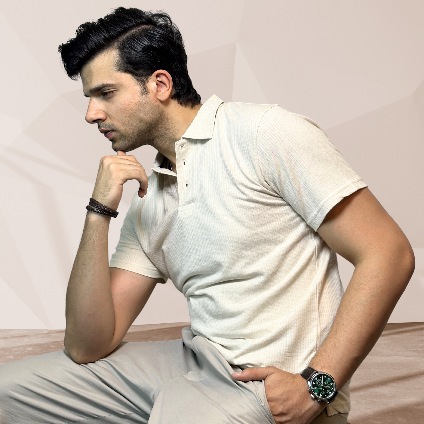 MEN'S BEIGE KNITTED POLO