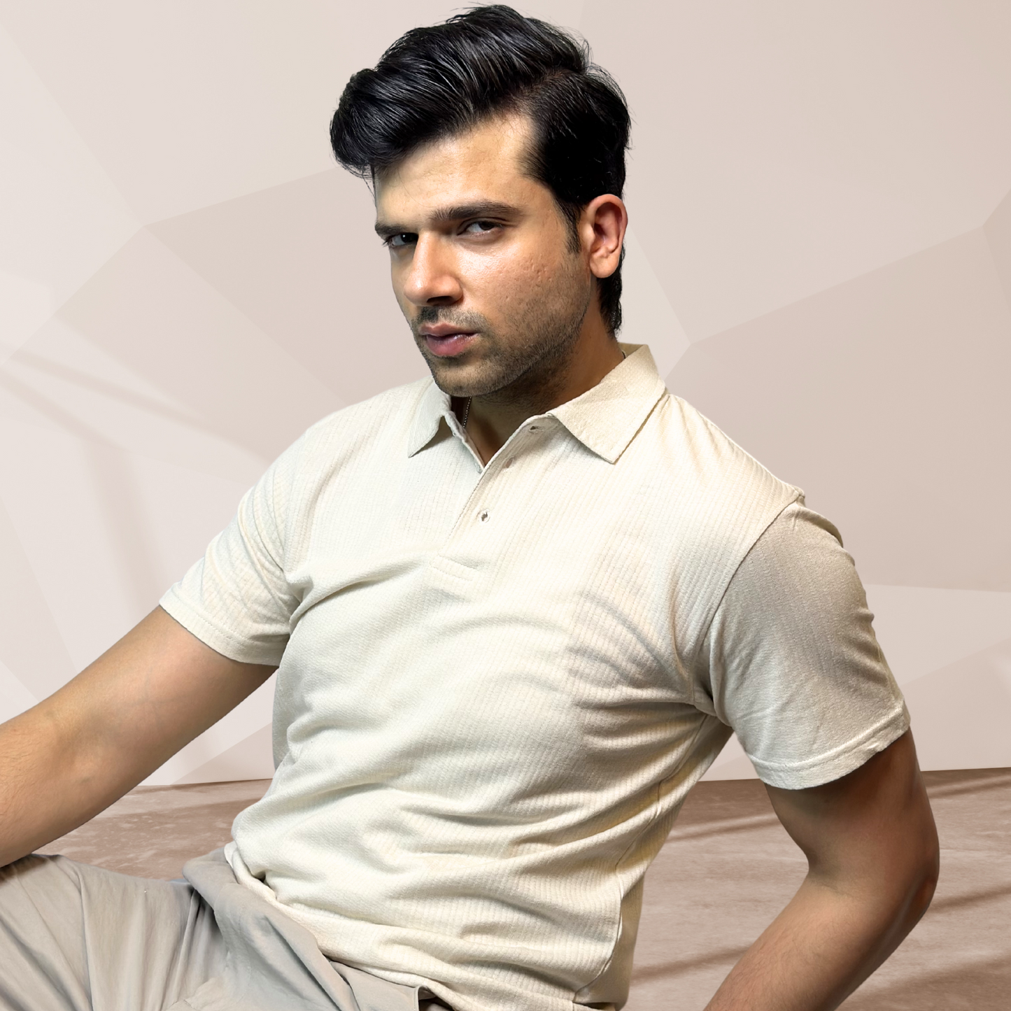 MEN'S BEIGE KNITTED POLO